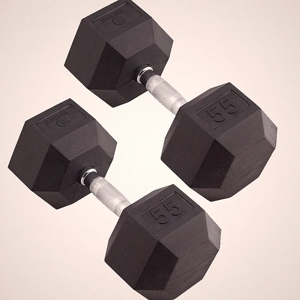 Body Sport Rubber Encased Hex Dumbbell Weight – Exercises – 55 lb Pair