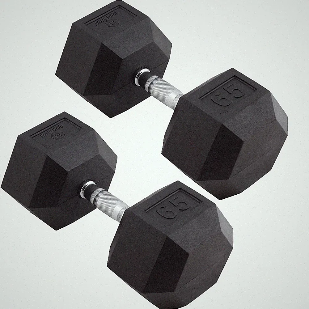 Body Sport Rubber Encased Hex Dumbbell Weight – Exercises – 65 lb Pair