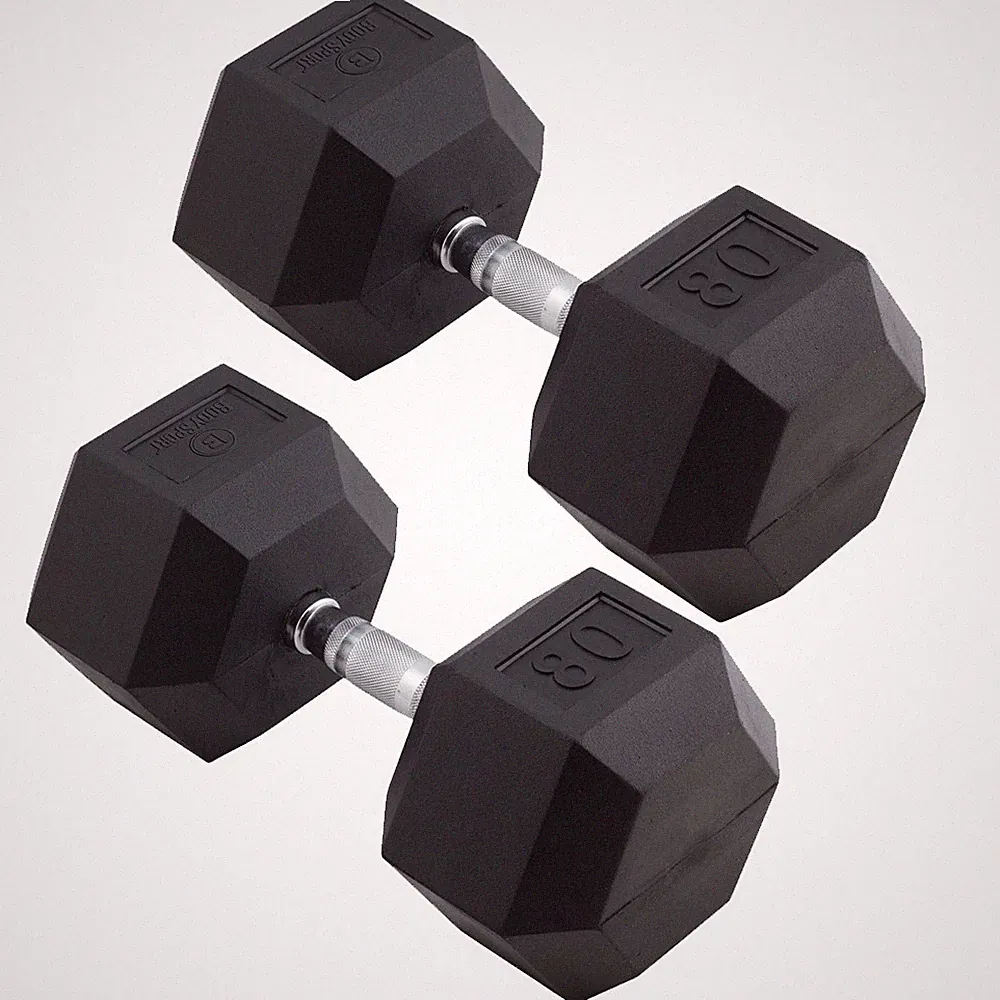 Body Sport Rubber Encased Hex Dumbbell Weight – Exercises – 80 lb Pair