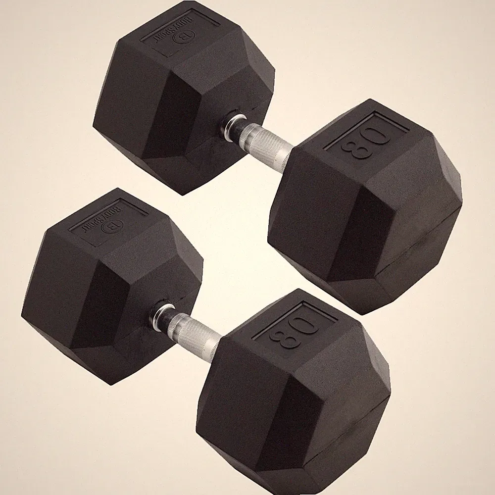 Body Sport Rubber Encased Hex Dumbbell Weight – Exercises – 80 lb Pair