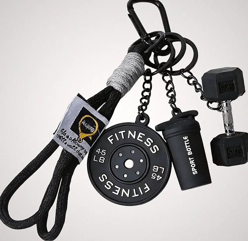 Bottle and Dumbbell Keychain with Weight Plate Colorful Fitness Keyring for Wome