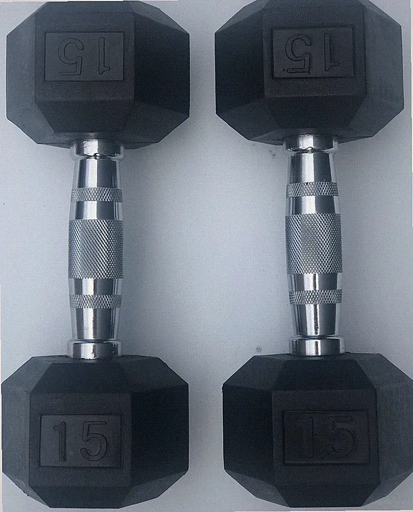 BRAND NEW 15LB PAIR OF RUBBER COATED HEX DUMBBELLS WEIGHTS FOR COMMERCIAL GYM