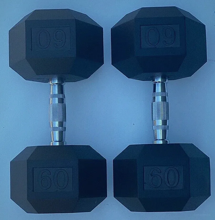 BRAND NEW 60LB PAIR OF RUBBER COATED HEX DUMBBELLS WEIGHTS FOR COMMERCIAL GYM