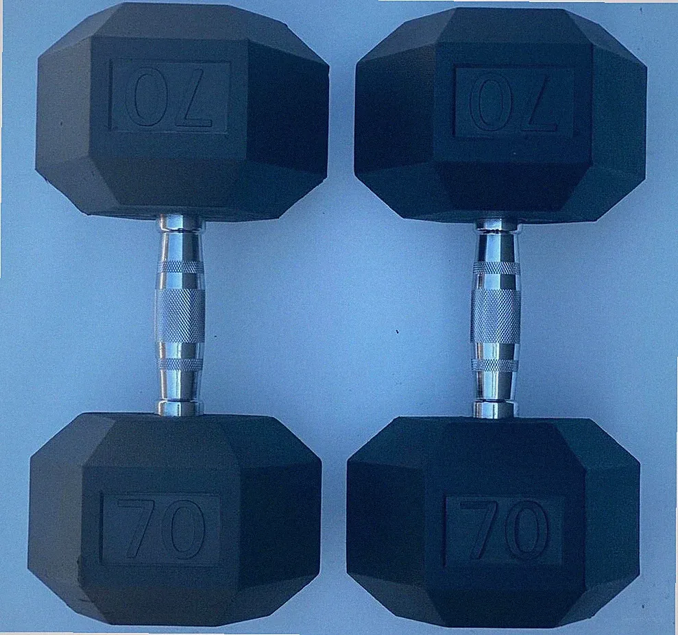 BRAND NEW 70LB PAIR OF RUBBER COATED HEX DUMBBELLS WEIGHTS FOR COMMERCIAL GYM