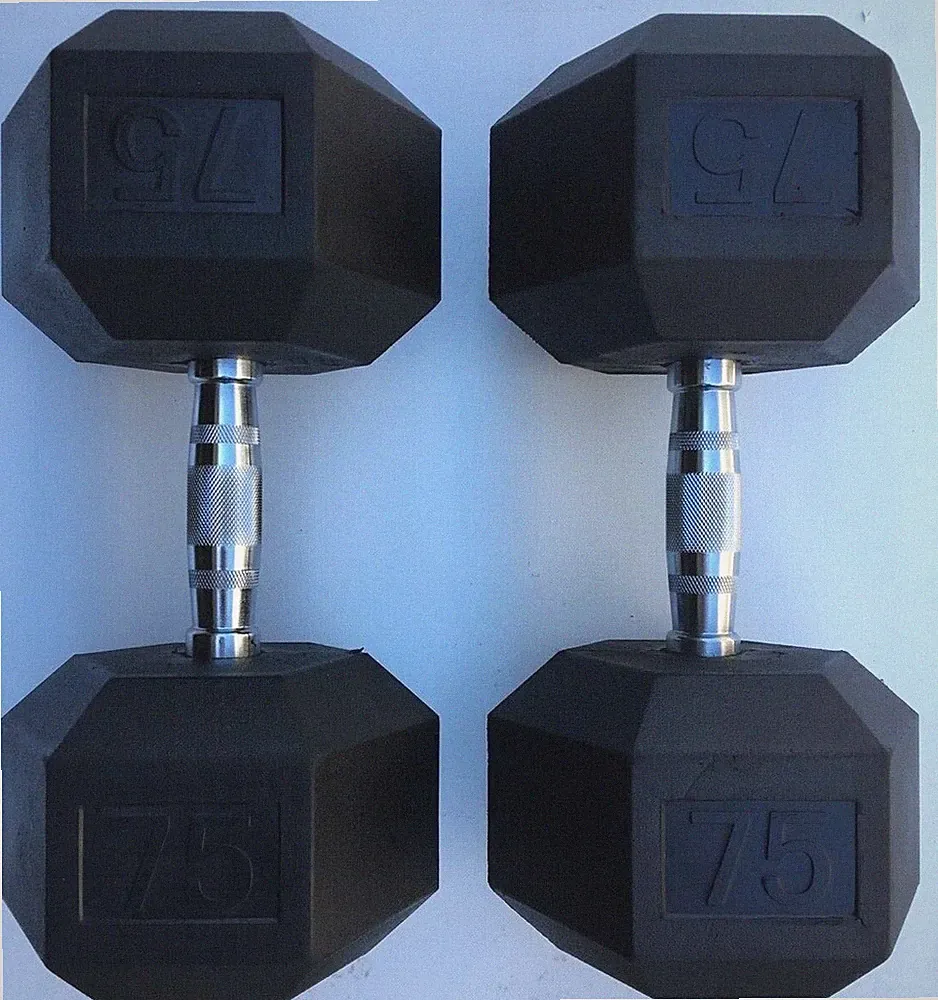 BRAND NEW 75LB PAIR OF RUBBER COATED HEX DUMBBELLS WEIGHTS FOR COMMERCIAL GYM