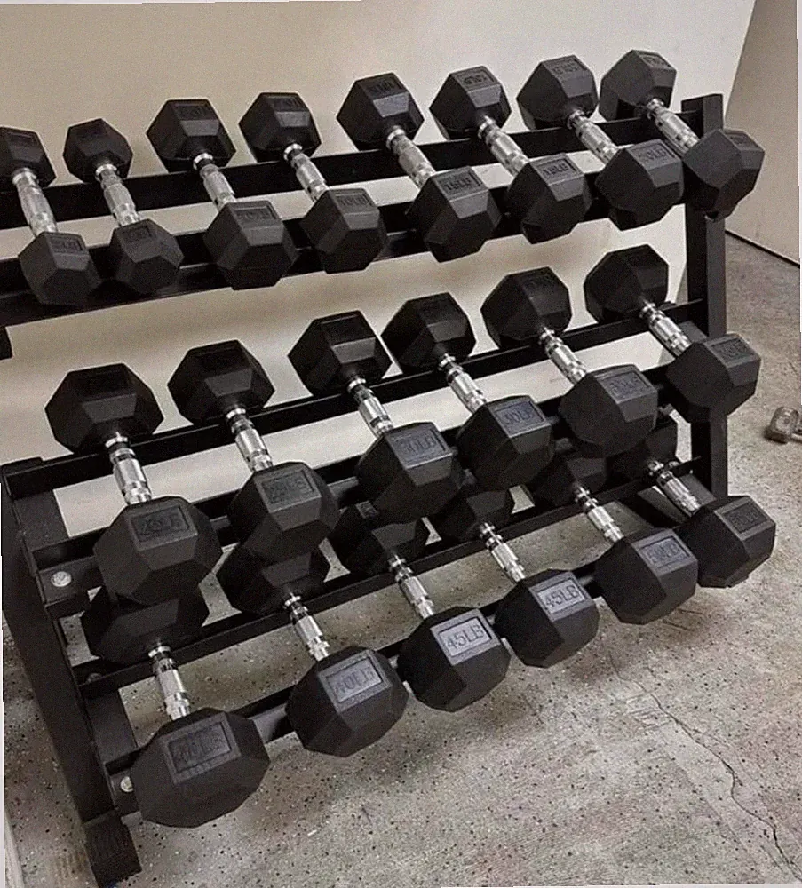 Brand New Rubber Encased Hex Dumbbell Set - 5 To 100lbs And 2 Three Tier Racks