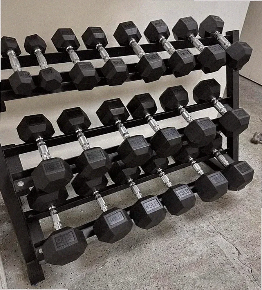 Brand NewRubber encased Hex Dumbbell Set 10 To 40lb Pairs With Three Tier Rack