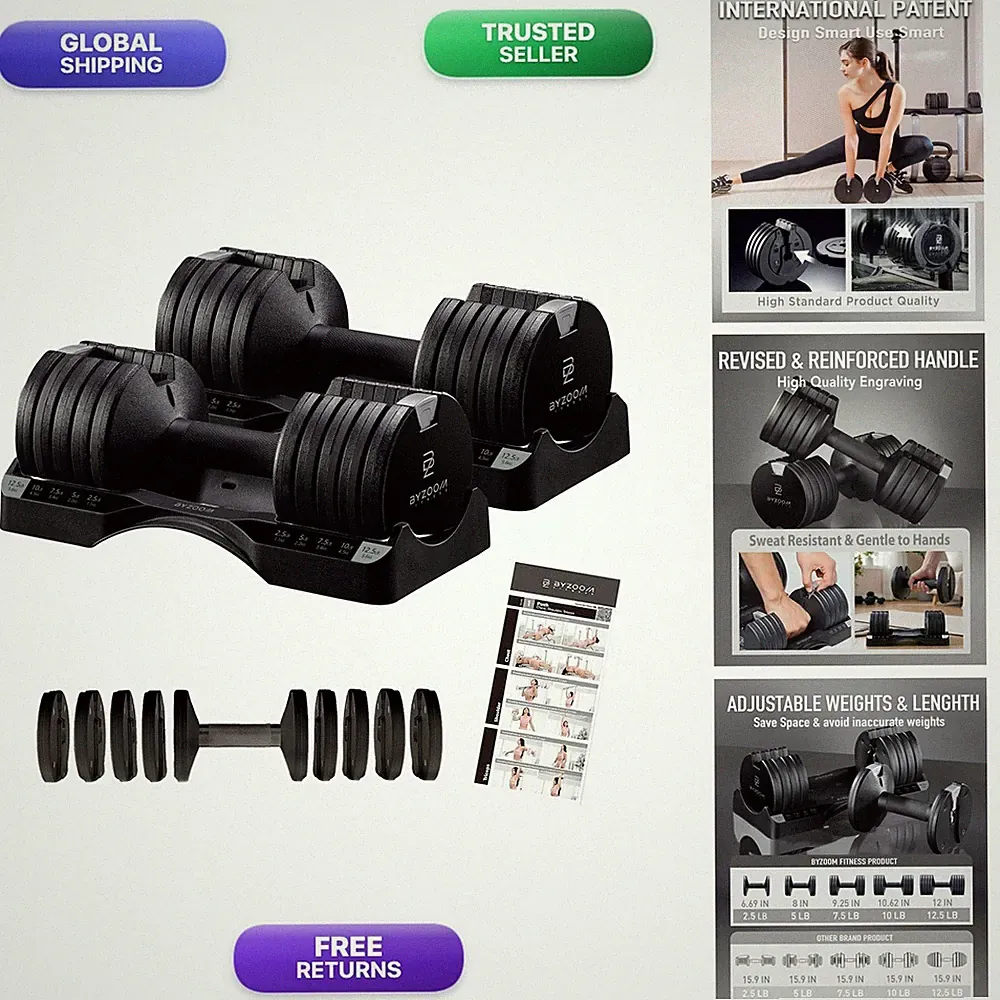 BYZOOM FITNESS Pure Series Adjustable Dumbbell 12.5lb Pair Black Set of 2