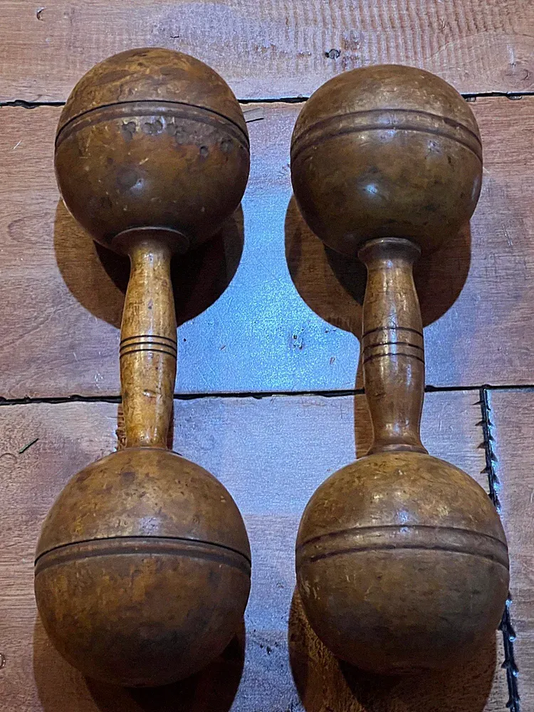 c. early 1900s pair of Wooden dumbbells VINTAGE