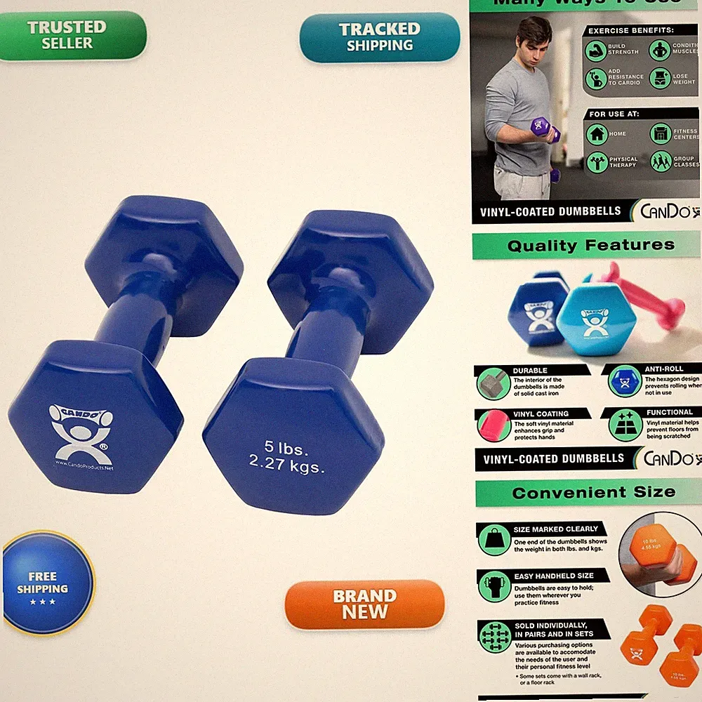 CanDo Vinyl Coated Dumbbells Pair Blue 5 Lb 2pc Handheld Weights Muscle