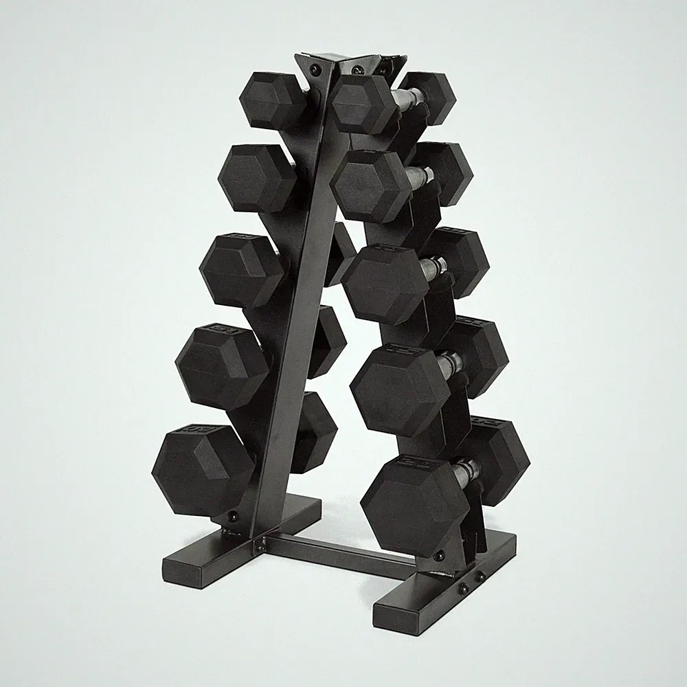 CAP 150 lb Coated Rubber Hex Dumbbell Weight Set with A-Frame Rack, Black