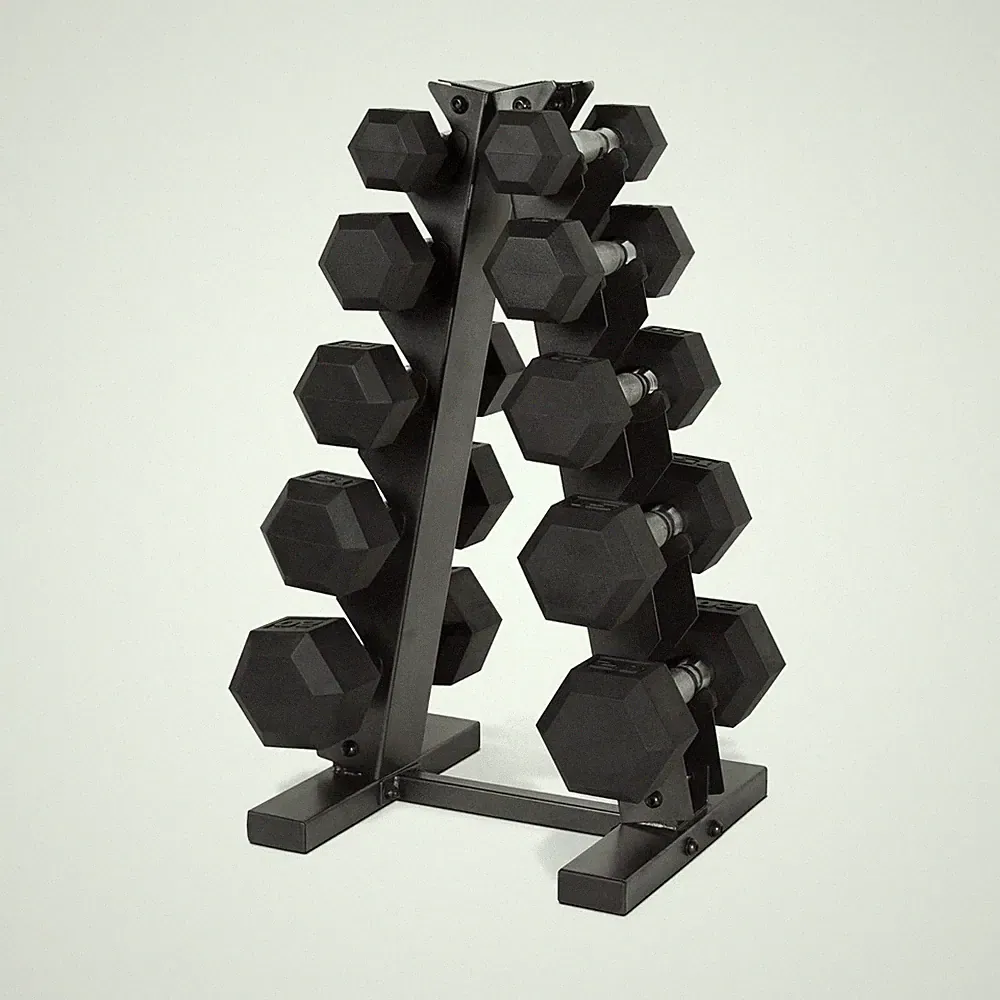 CAP 150 lb Coated Rubber Hex Dumbbell Weight Set with A-Frame Rack, Black