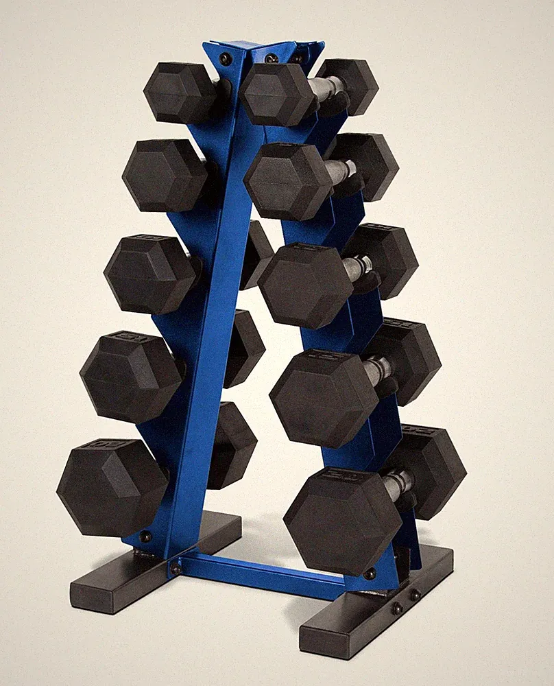 CAP 150 LB Rubber Coated Hex Dumbbell Hand Weight Set with 150 LB, Blue Rack