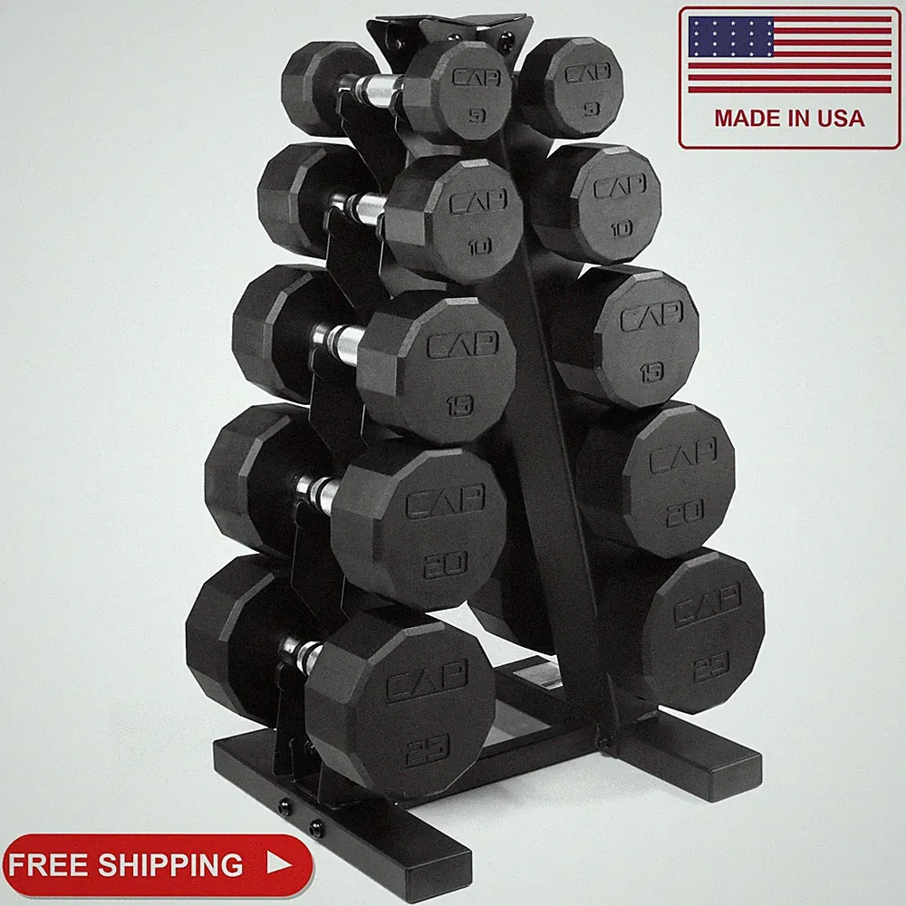 CAP 150lb Rubber 12-Sided Dumbbell Set, A-Frame Storage Rack