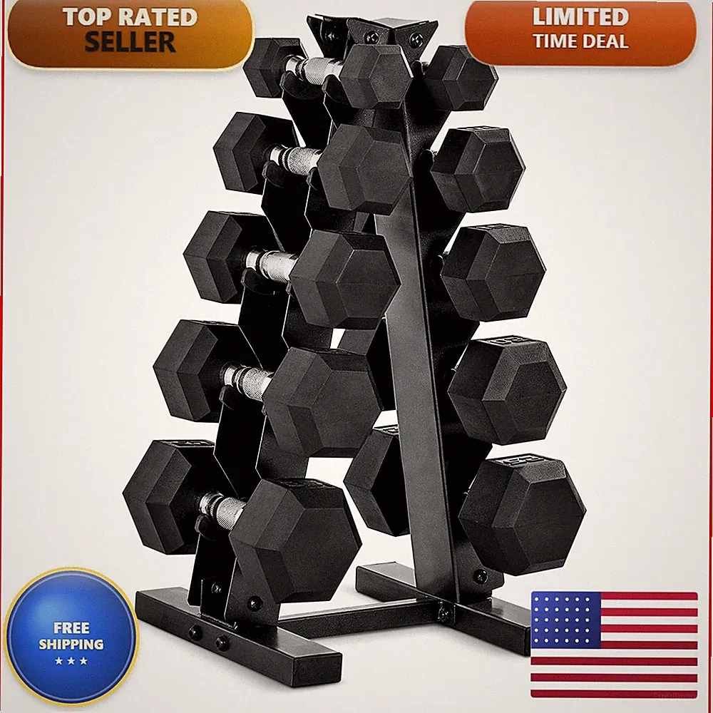 CAP 150lb Rubber Hex Dumbbell Set with Black A-Frame Storage Rack