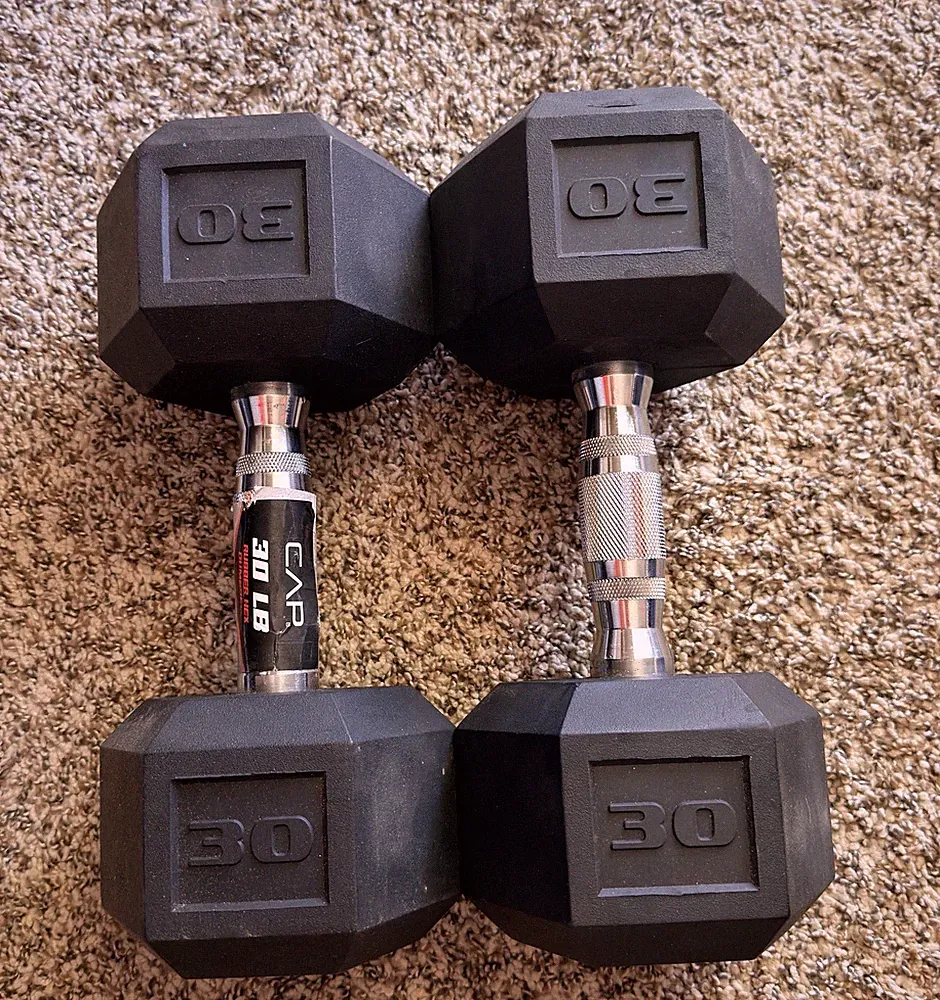 CAP 30 lb Hex Rubber Coated Dumbbells Pair Set of 2 Black/Chrome