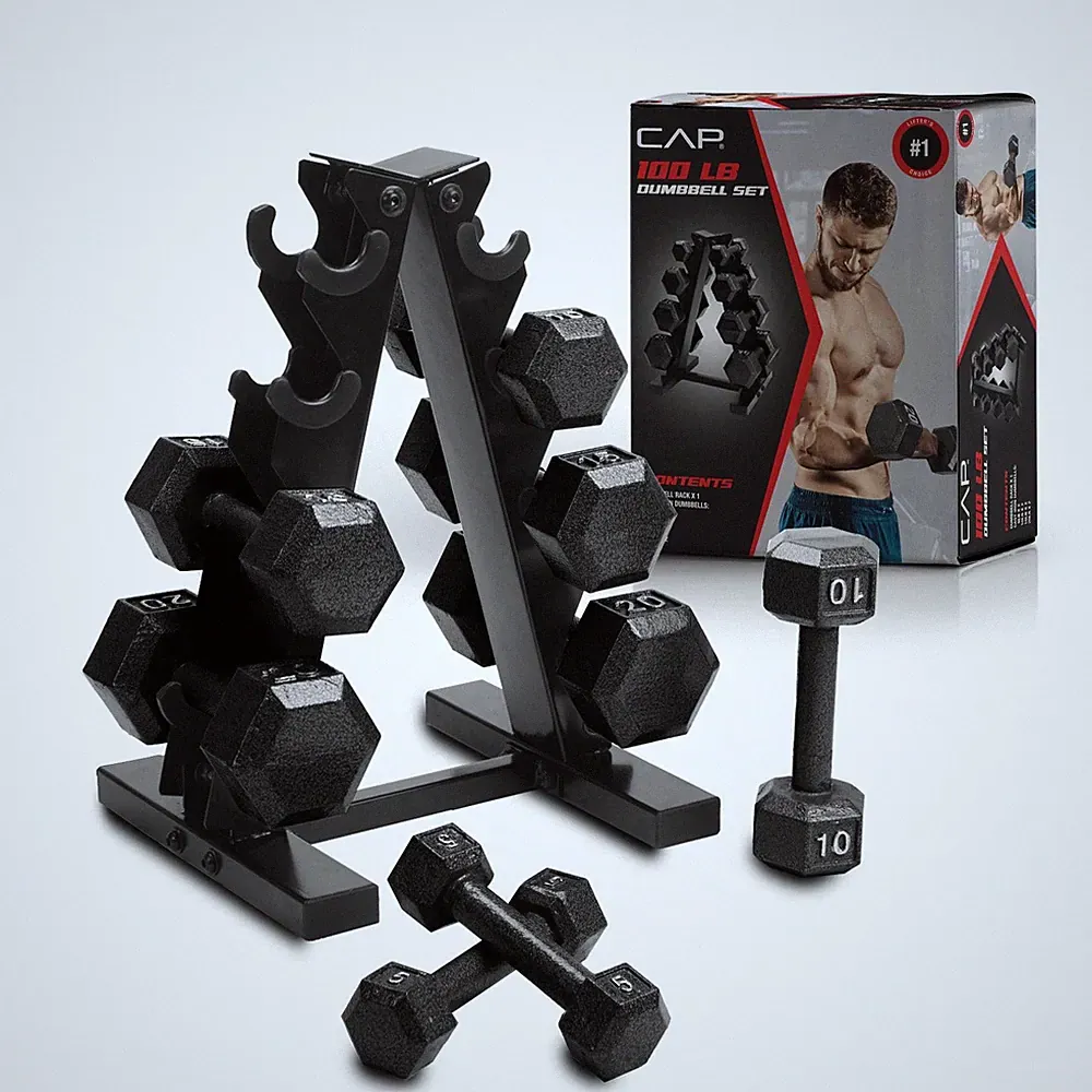 Cap Barbell 100 Lb Cast Iron Hex Dumbbell Weight Set With Rack For Arm Training