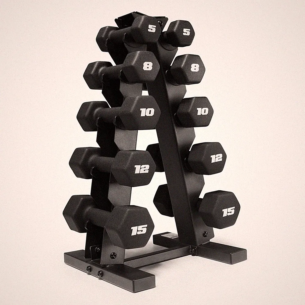 CAP Barbell 100 lb Neoprene Hex Dumbbell Weight Set with Vertical A-Frame Ra...