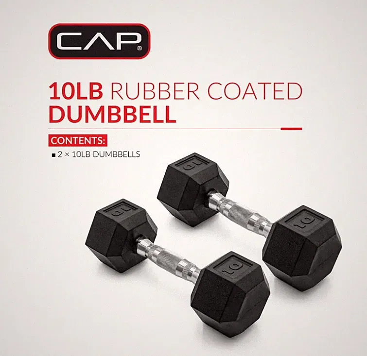 CAP Barbell 10lb Coated Rubber Hex Dumbbell, Pair