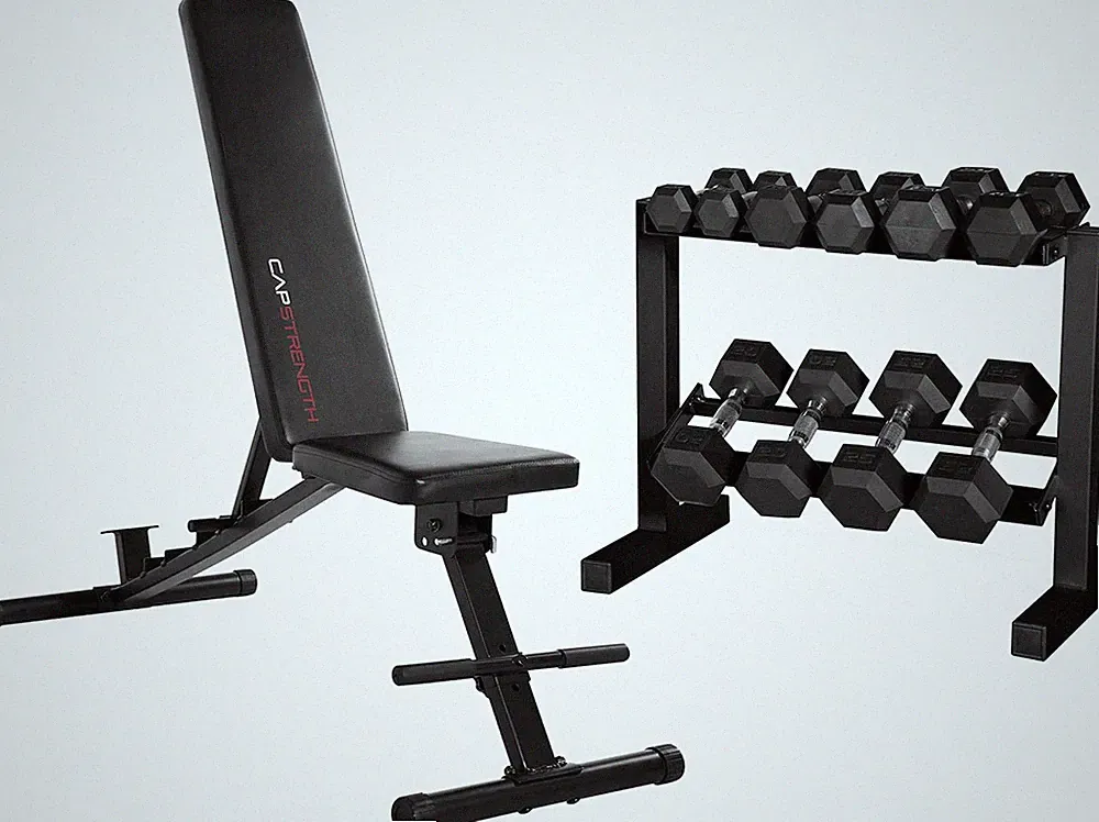 CAP Barbell 150 lb Dumbbell Set with Adjustable Bench & Rack Bundle