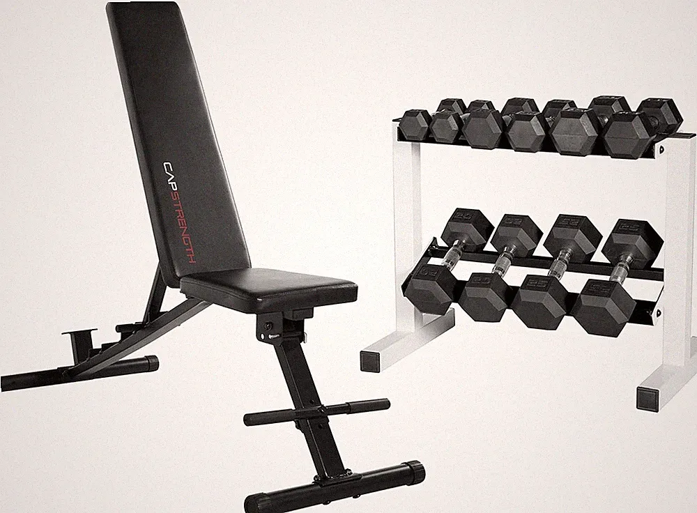 CAP Barbell 150lb Dumbbell Set with Rack & Adjustable Bench Bundle