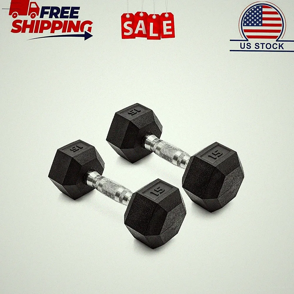 CAP Barbell, 15lb Coated Rubber Hex Dumbbell, Pair (No-Roll Design, Ergonomic St