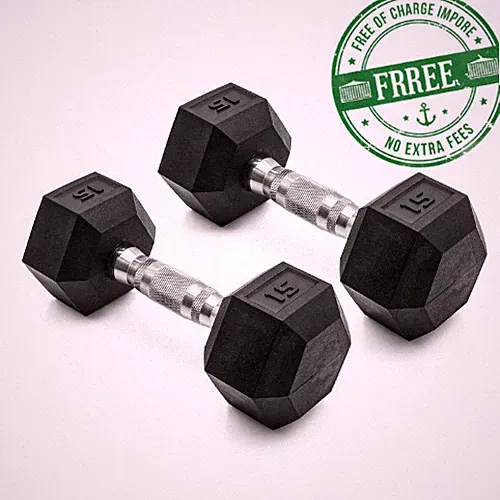 CAP Barbell, 15lb Coated Rubber Hex Dumbbell, Pair No-Roll Design, Steel Handle
