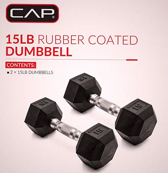 CAP Barbell 15lb Coated Rubber Hex Dumbbells, Pair - Ergonomic No-Roll Design
