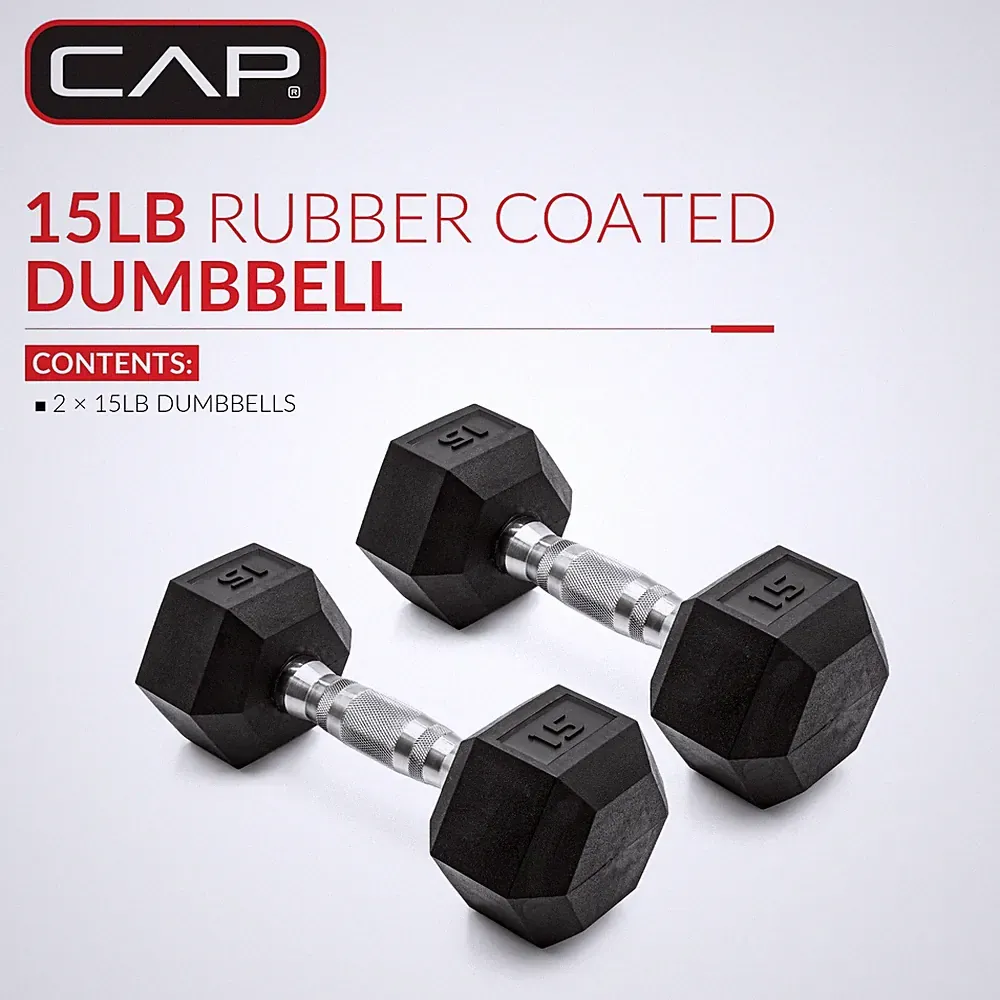 CAP Barbell 15lb Coated Rubber Hex Dumbbells, Pair - Ergonomic No-Roll Design