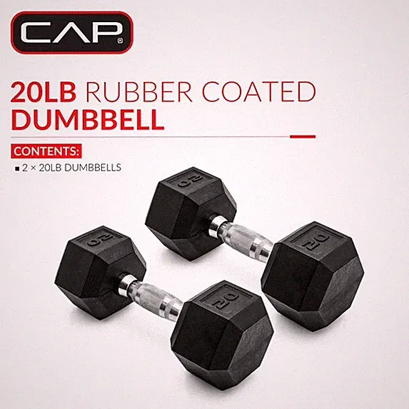 CAP Barbell, 20lb Coated Rubber Hex Dumbbell, Pair (No-Roll Design)