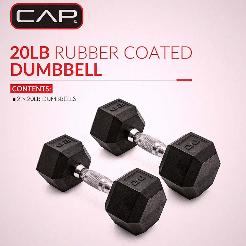CAP Barbell, 20lb Coated Rubber Hex Dumbbell, Pair (No-Roll Design