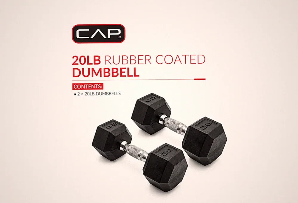 CAP Barbell, 20lb Coated Rubber Hex Dumbbell, Pair (No-Roll Design, Ergonomic .