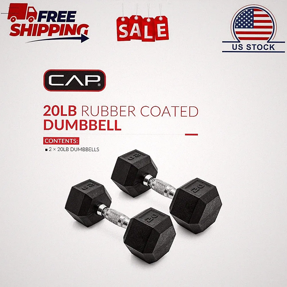 CAP Barbell, 20lb Coated Rubber Hex Dumbbell, Pair (No-Roll Design, Ergonomic St