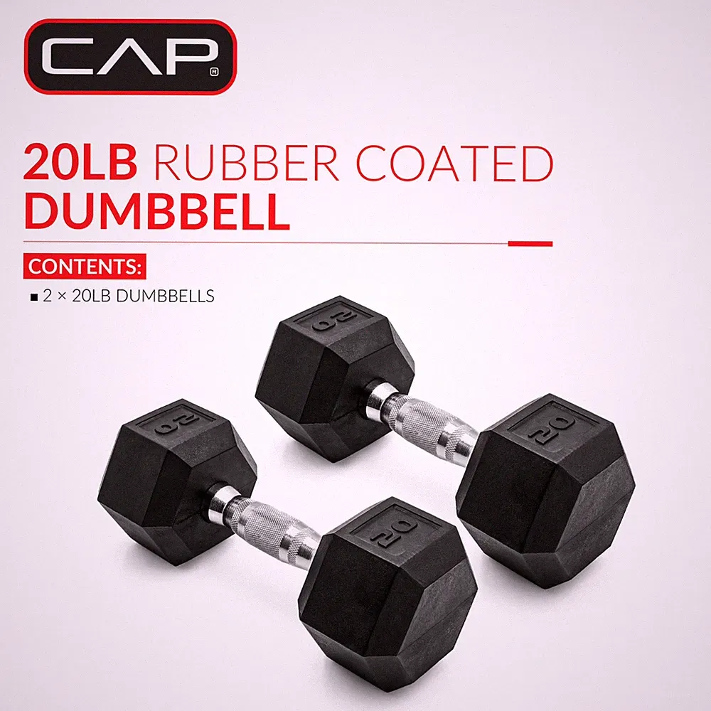 CAP Barbell, 20lb Coated Rubber Hex Dumbbell, Pair, Prevent Rolling FREE SHIP US
