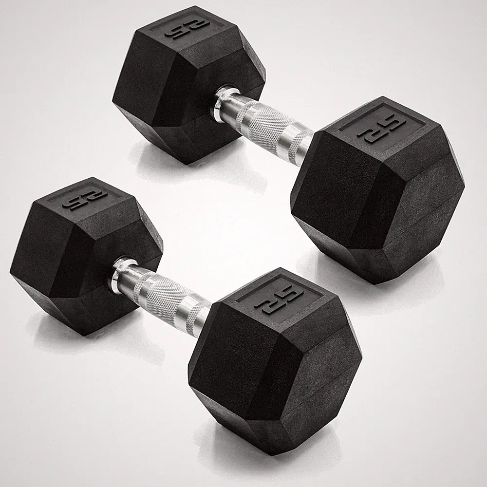CAP Barbell 25 LB Rubber Coated Hex Dumbbell Hand Weight - Pair Chrome Handle K