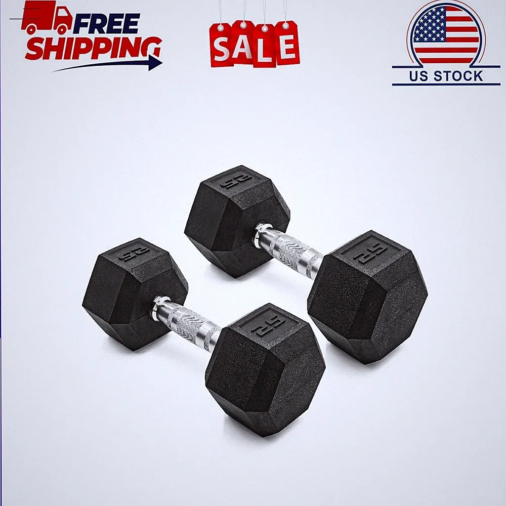 CAP Barbell, 25lb Coated Rubber Hex Dumbbell, Pair (No-Roll Design, Ergonomic St