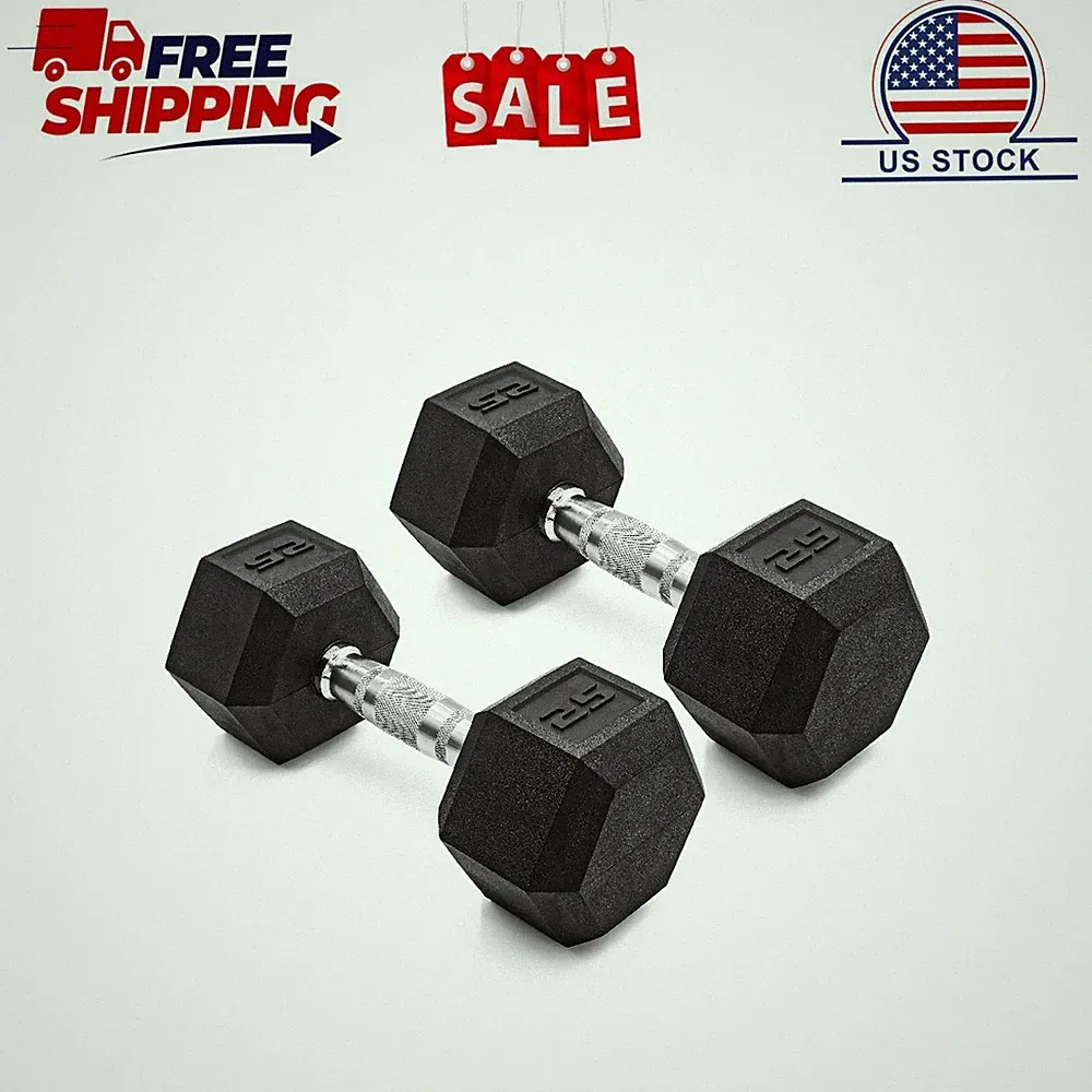 CAP Barbell, 25lb Coated Rubber Hex Dumbbell, Pair (No-Roll Design, Ergonomic St