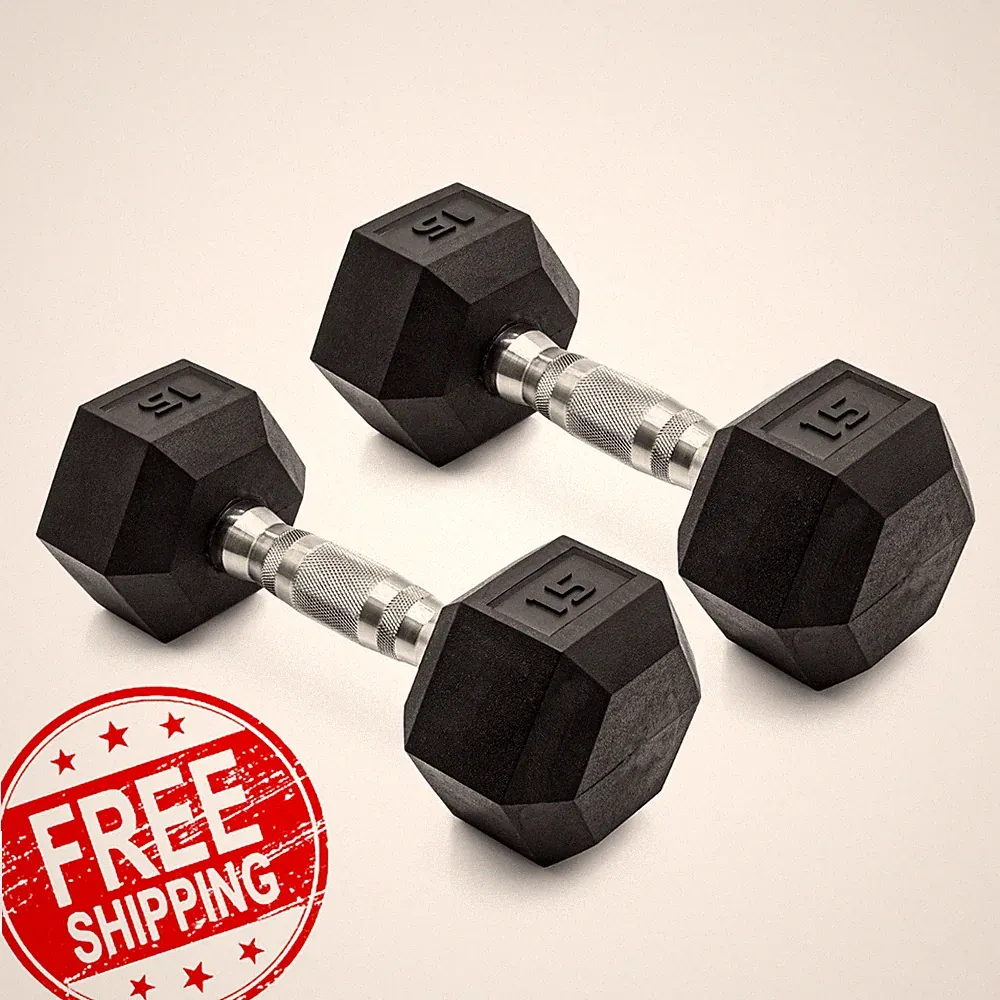 CAP Barbell Rubber 15 Lb Pair Set of 2 Coated Hex Dumbbells Weights 30 Pounds