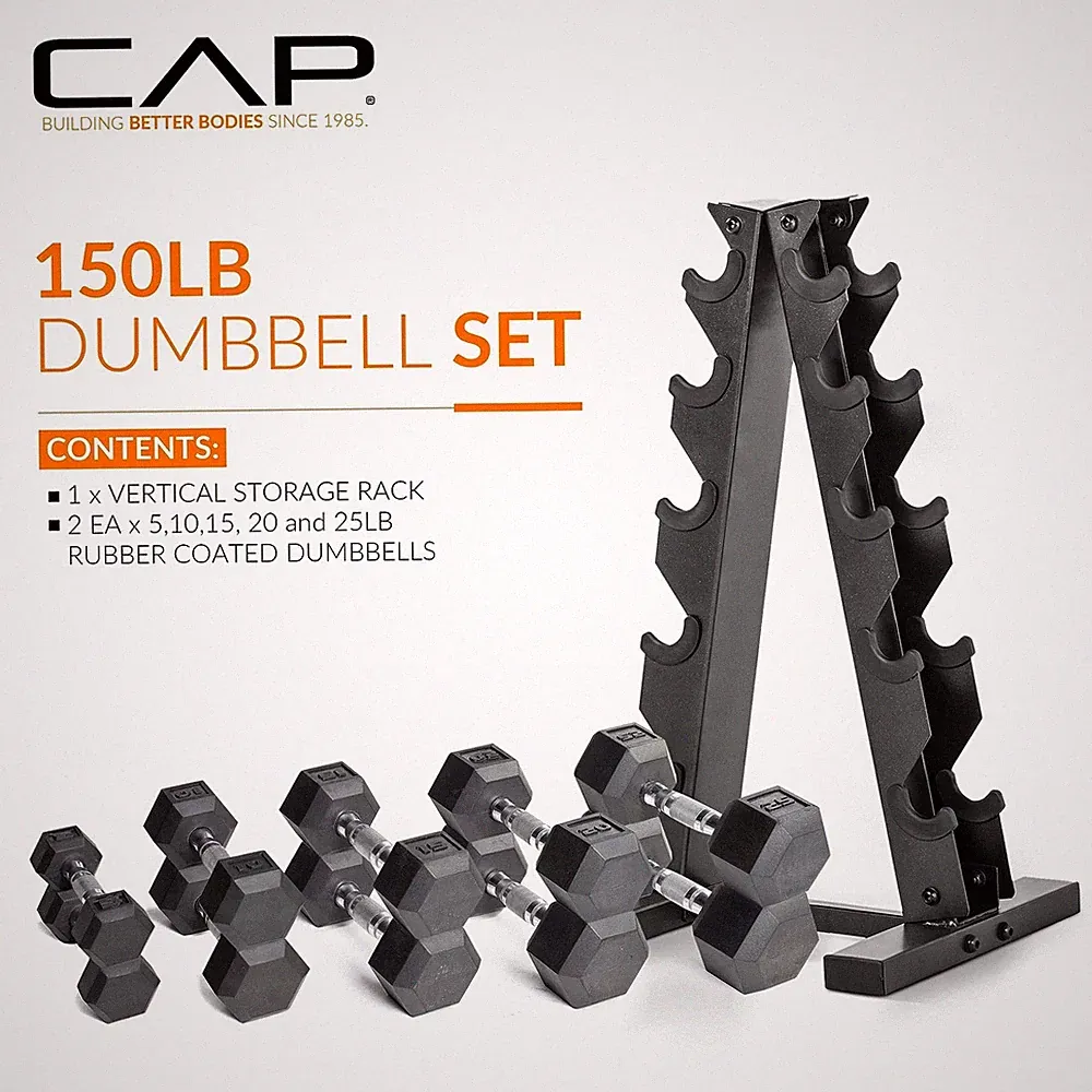 CAP Rubber Coated Hex Dumbbell Set with Storage Rack 100 210 lb Options
