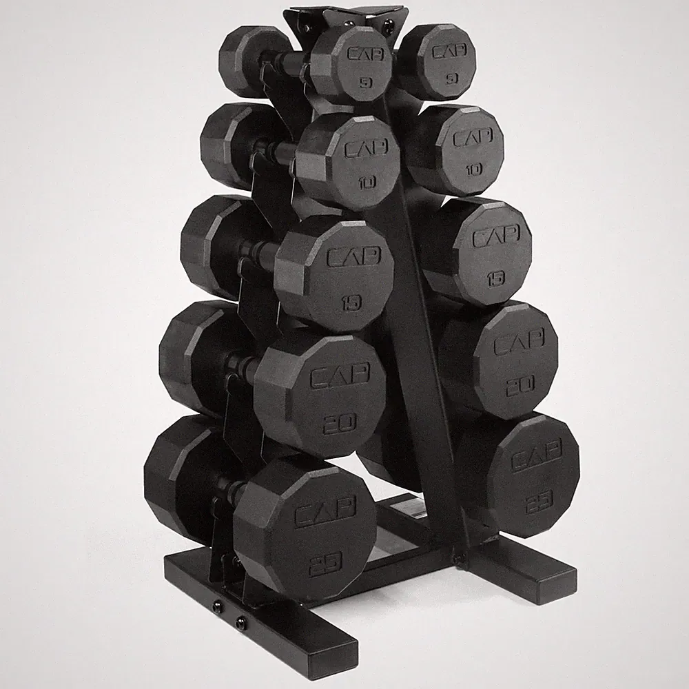 CAP Rubber Coated Hex Dumbbell Set with Storage Rack 100 210 lb Options