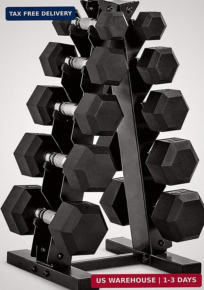 CAP Rubber Coated Hex Dumbbell Set with Storage Rack | 100-210 lb Options, Space