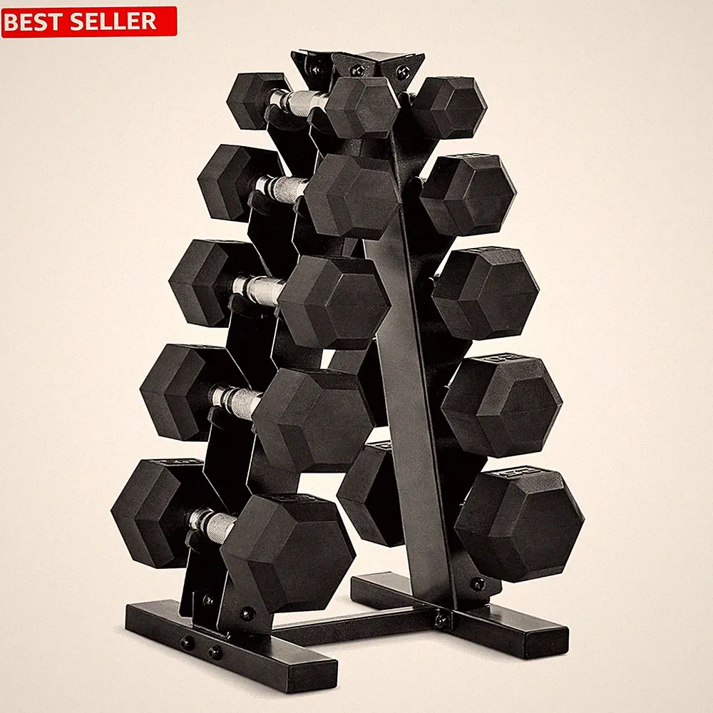 CAP Rubber Coated Hex Dumbbell Set with Storage Rack