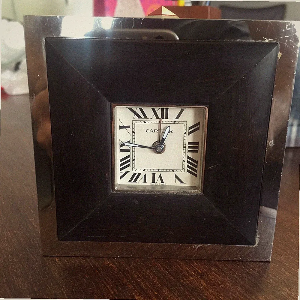 CARTIER Stainless Steel TRAVEL DESK CLOCK WITH ALARM and Wood Detail