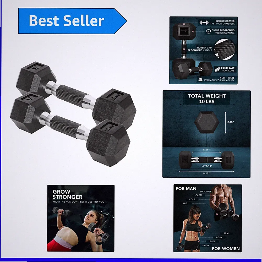 Cast Iron Encased Hex Dumbbells with Ergonomic Rubber Handles – 10-30 LBS Pair