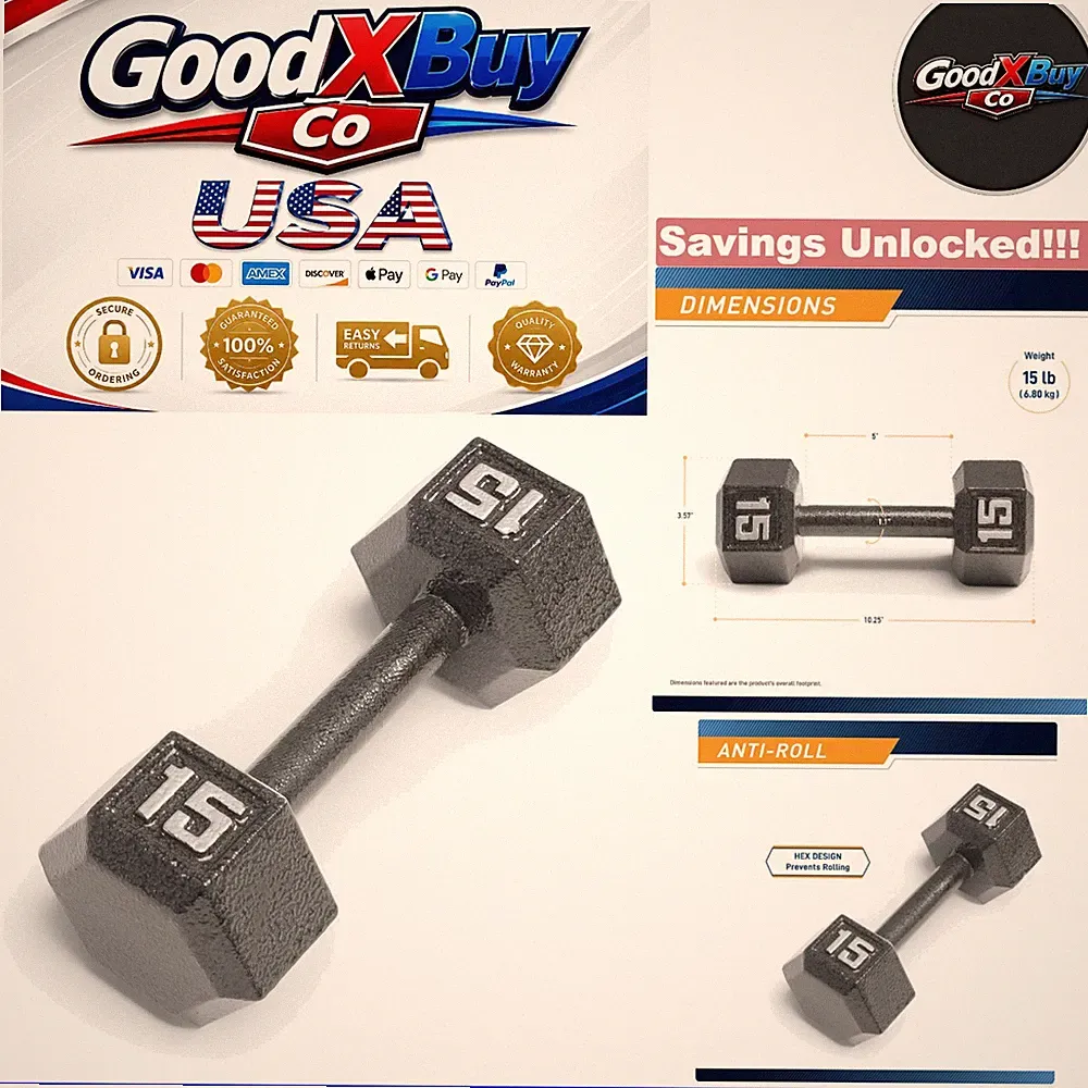 Cast Iron Hex Dumbbell 15lb Black Non-Slip Handle No-Roll Head Workout Equipment