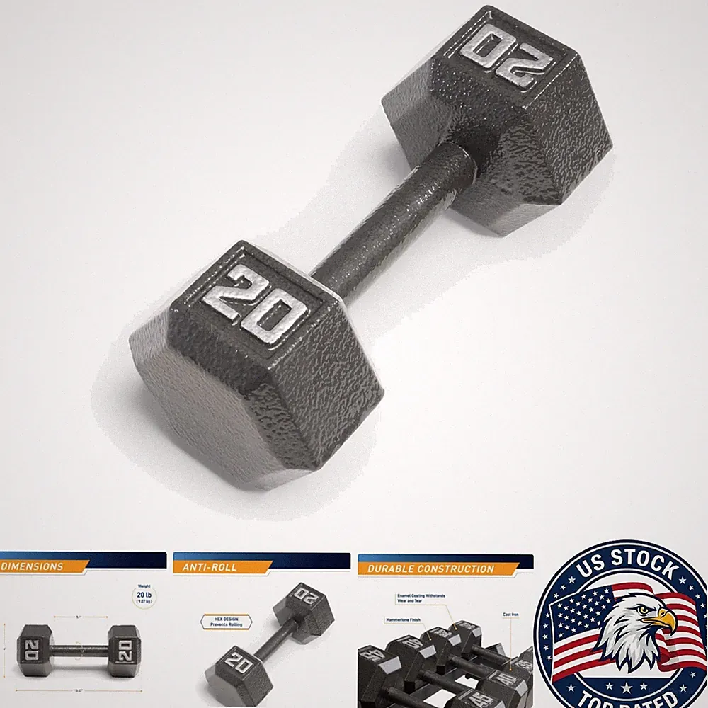Cast Iron Hex Dumbbell - 20 lbs - No-Roll Head with Knurled Grip for Stability