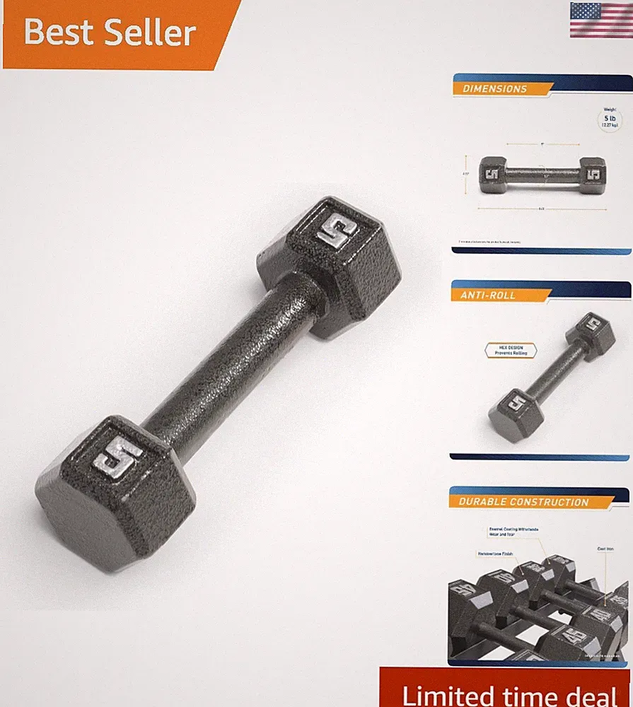 Cast Iron Hex Dumbbell, 5 lb - Secure Grip, Non-Roll Design for Home Gym