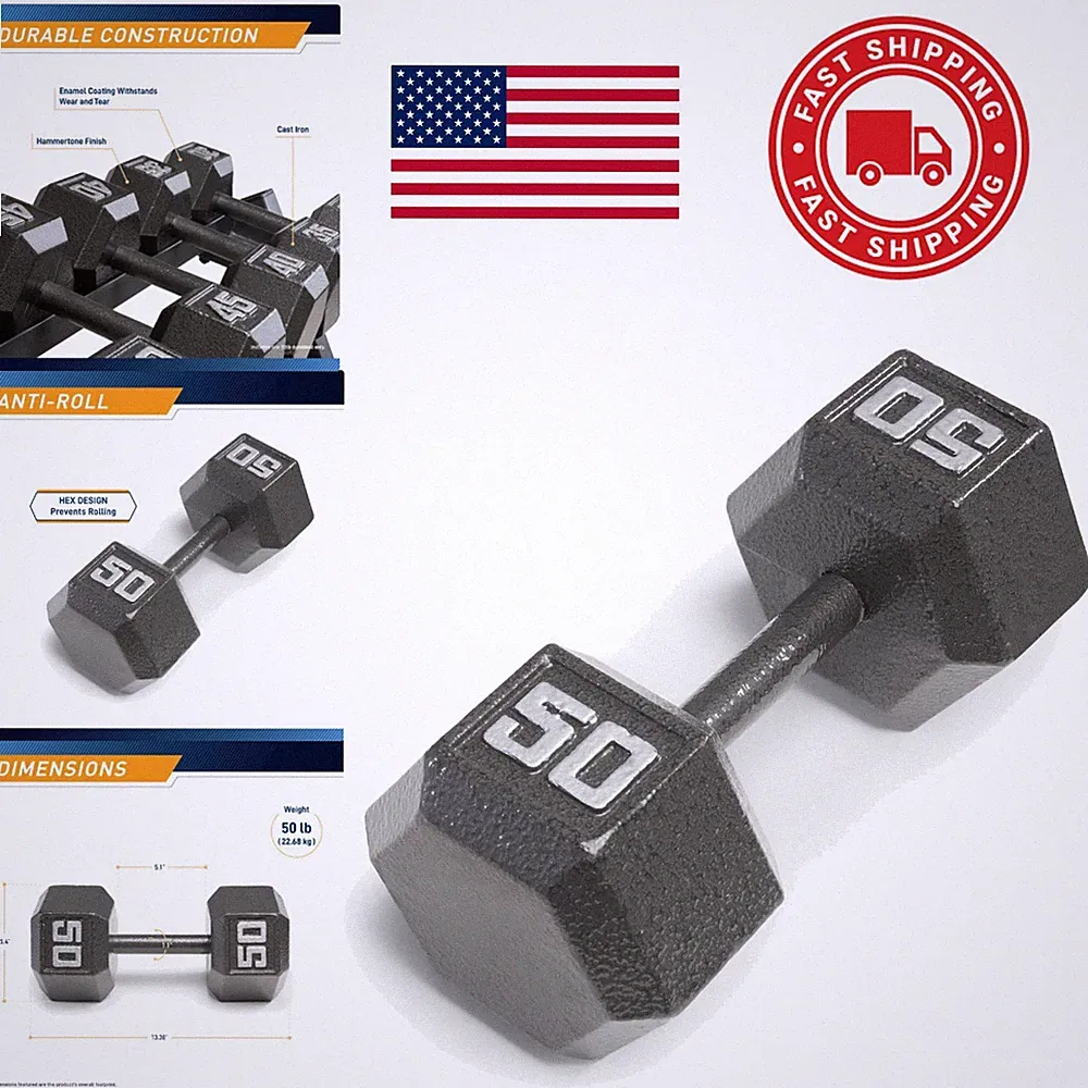 Cast Iron Hex Dumbbell 50 Pounds with Knurled Handle for Strength Training