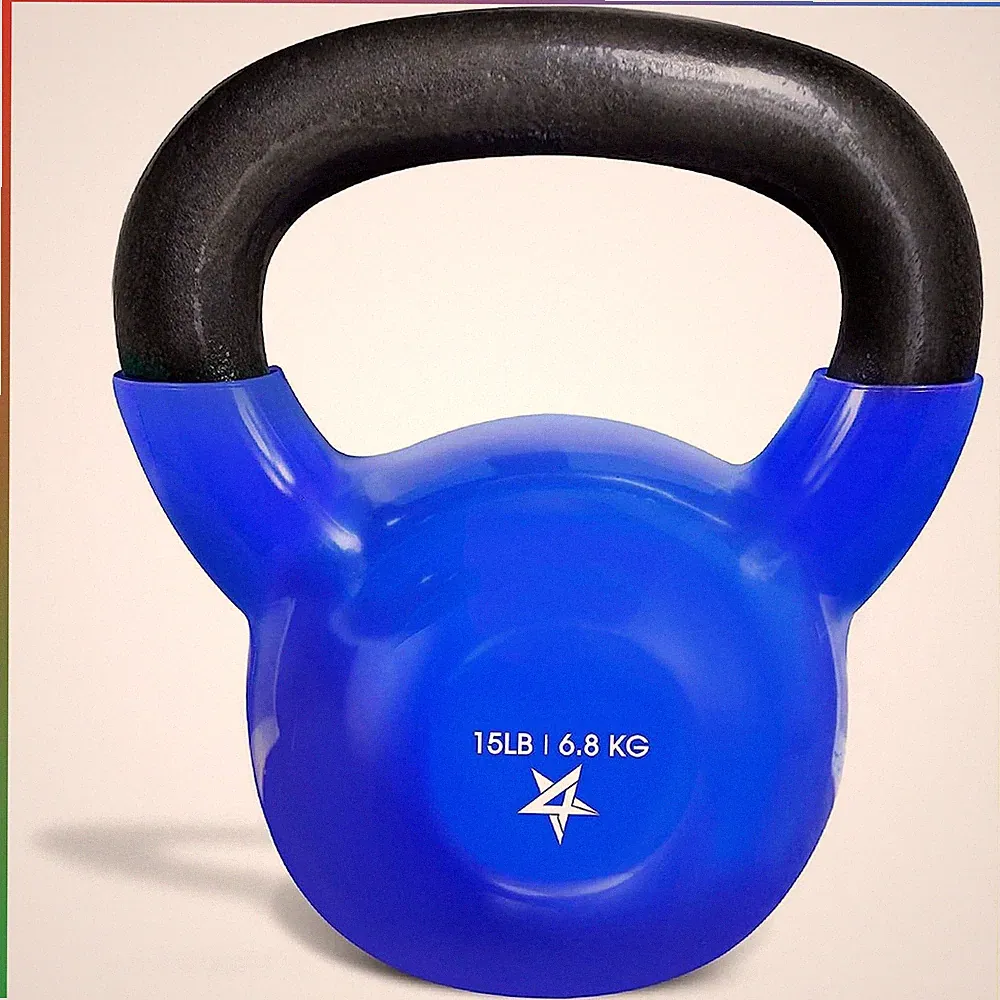 Cast Iron Kettlebell 15LB Dark Blue Vinyl Coated Strength Training Home Gym