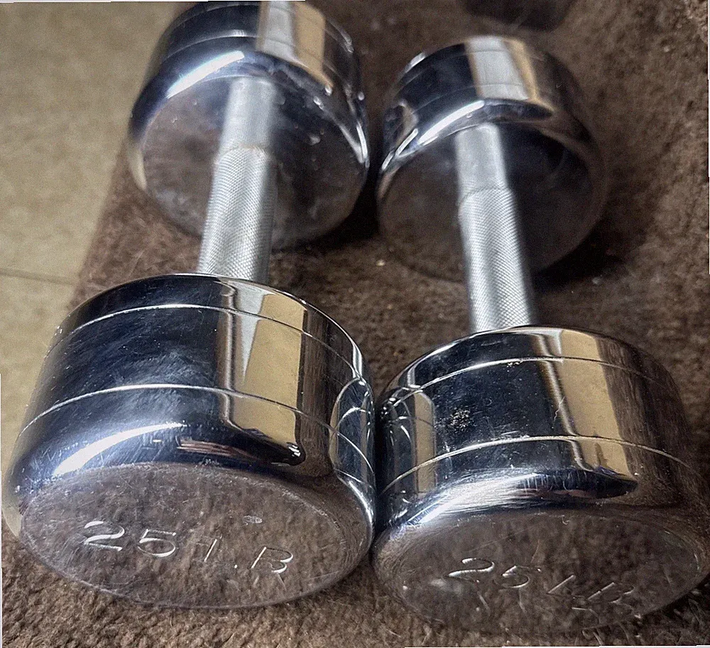 CHROME 25s Pair Dumbbells with Handle 25 lbs Hand Weight Vintage Rare Steel Iron